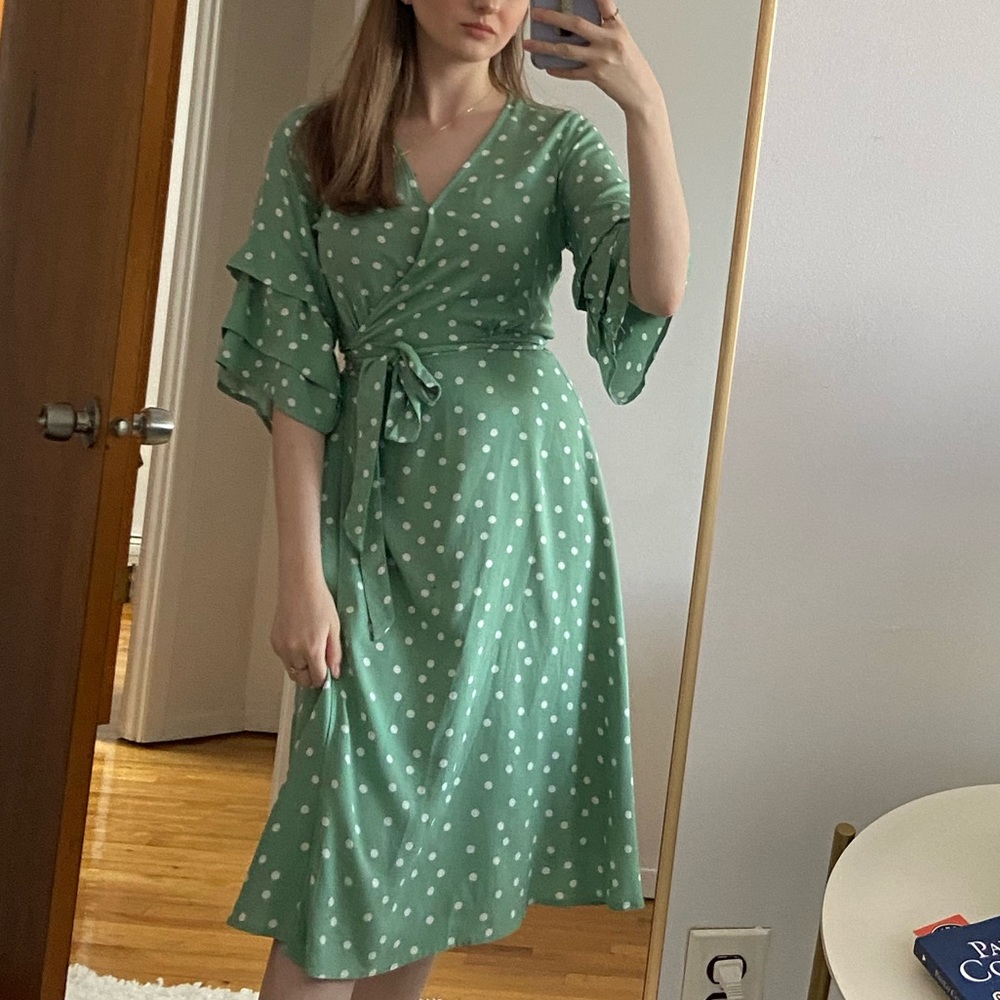 Midi Green white polka dot wrap dress